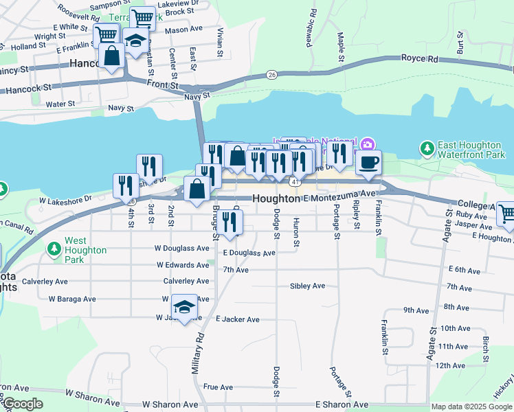 map of restaurants, bars, coffee shops, grocery stores, and more near 203 Pewabic Street in Houghton