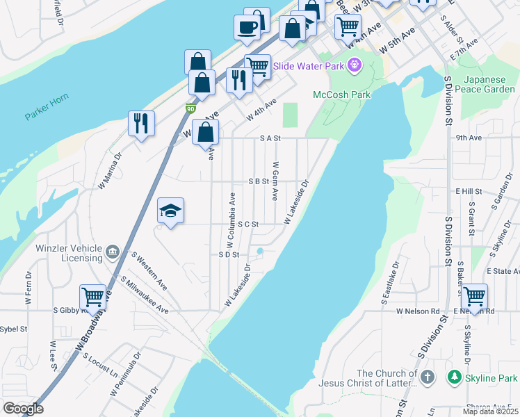 map of restaurants, bars, coffee shops, grocery stores, and more near 1133 West Cascade Avenue in Moses Lake