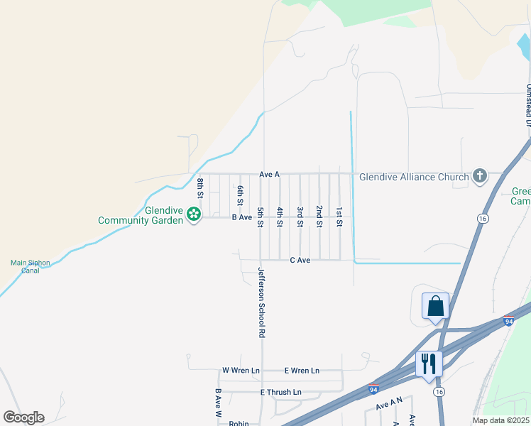 map of restaurants, bars, coffee shops, grocery stores, and more near 117 5th Street in Glendive