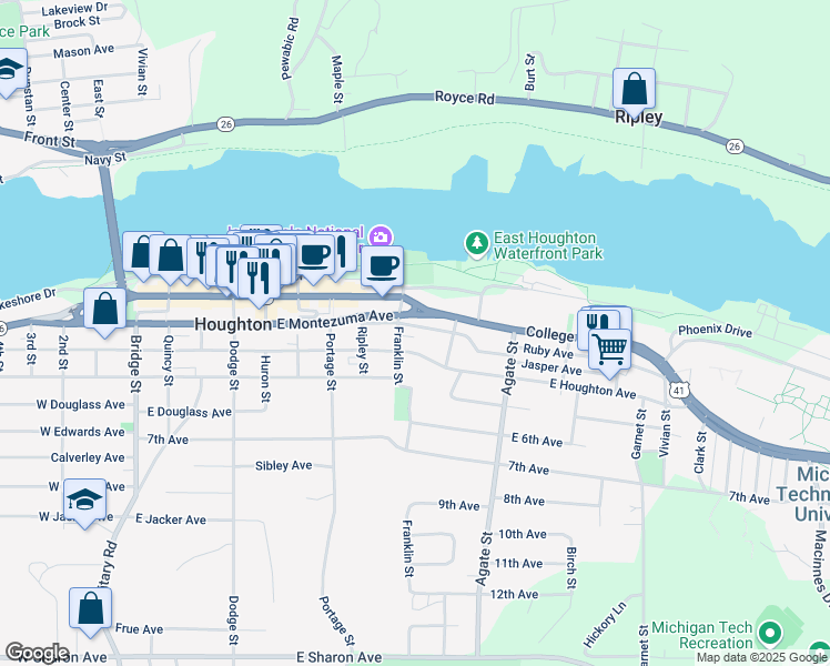 map of restaurants, bars, coffee shops, grocery stores, and more near 905 Ruby Avenue in Houghton