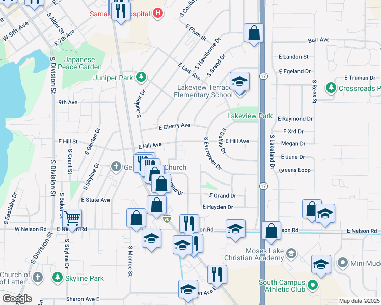 map of restaurants, bars, coffee shops, grocery stores, and more near 915 East Hill Avenue in Moses Lake