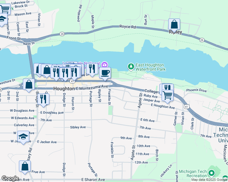 map of restaurants, bars, coffee shops, grocery stores, and more near 200 Franklin Street in Houghton