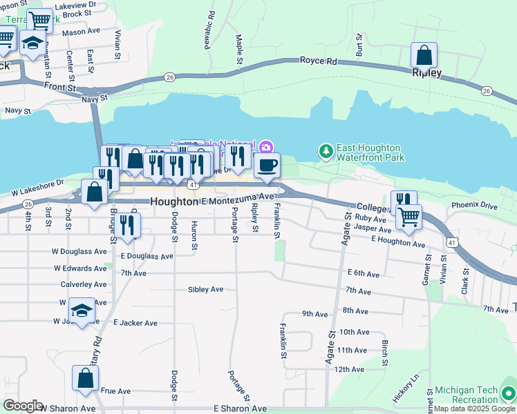 map of restaurants, bars, coffee shops, grocery stores, and more near 801 East Montezuma Avenue in Houghton