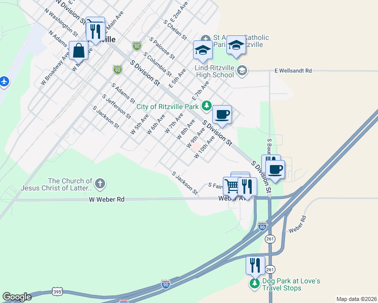 map of restaurants, bars, coffee shops, grocery stores, and more near 902 South Adams Street in Ritzville