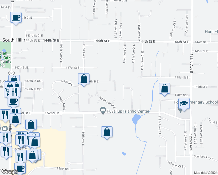map of restaurants, bars, coffee shops, grocery stores, and more near 11217 149th Street Court East in Puyallup