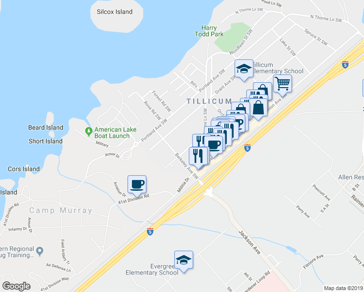 map of restaurants, bars, coffee shops, grocery stores, and more near 15316 Washington Avenue Southwest in Lakewood