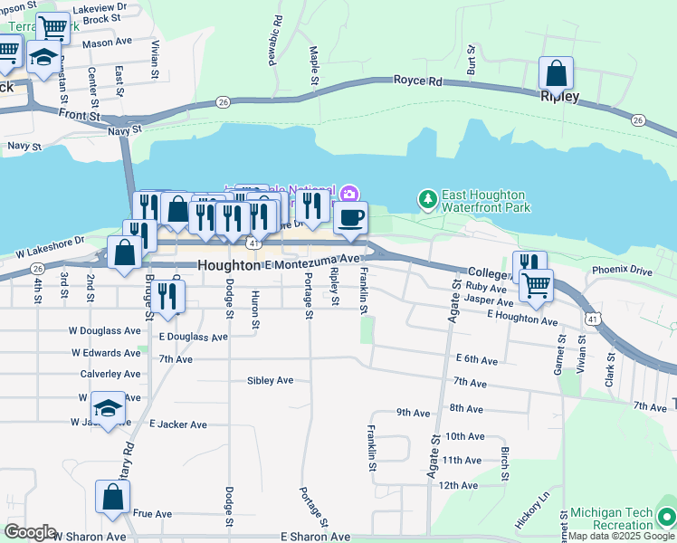 map of restaurants, bars, coffee shops, grocery stores, and more near 801 East Montezuma Avenue in Houghton