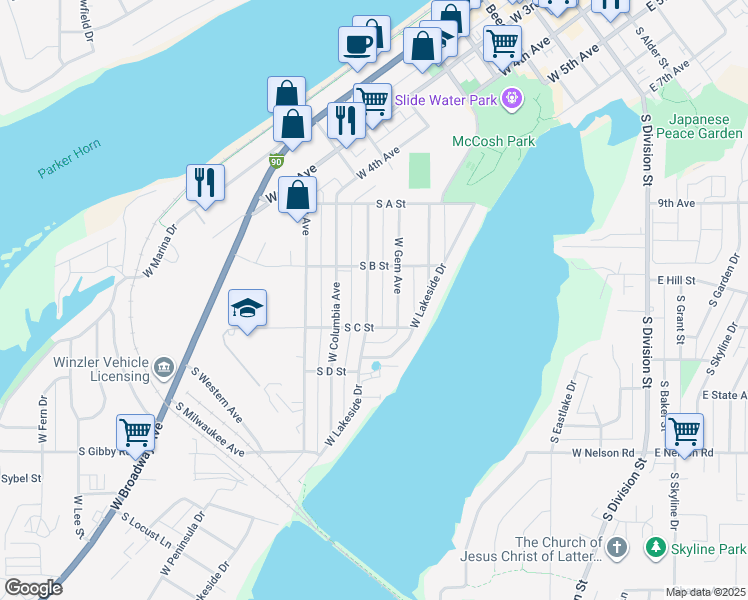 map of restaurants, bars, coffee shops, grocery stores, and more near 1125 West Cascade Avenue in Moses Lake