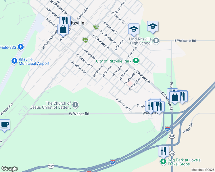 map of restaurants, bars, coffee shops, grocery stores, and more near 405 West 7th Avenue in Ritzville