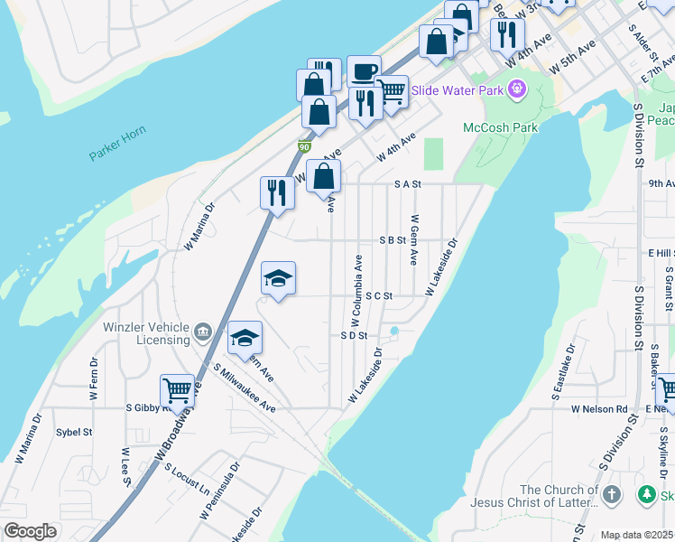 map of restaurants, bars, coffee shops, grocery stores, and more near 1125 West Ivy Avenue in Moses Lake