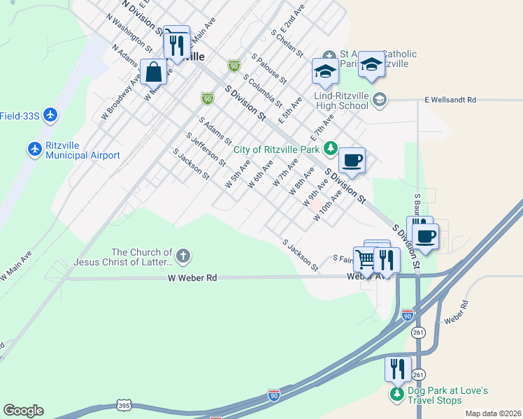 map of restaurants, bars, coffee shops, grocery stores, and more near 405 West 7th Avenue in Ritzville