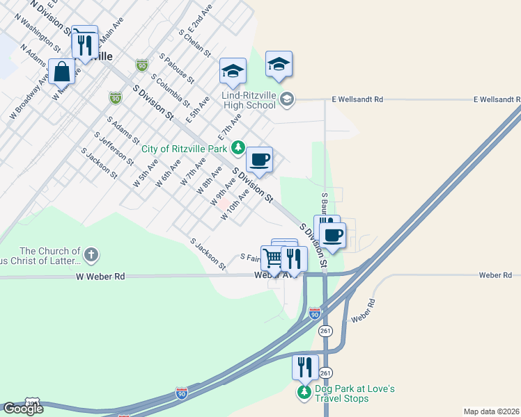 map of restaurants, bars, coffee shops, grocery stores, and more near 107 West 11th Avenue in Ritzville