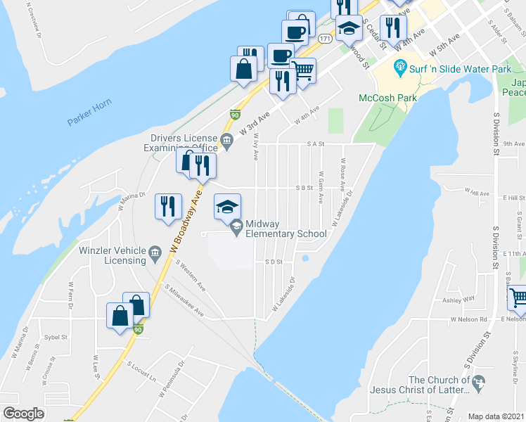 map of restaurants, bars, coffee shops, grocery stores, and more near 1125 West Ivy Avenue in Moses Lake