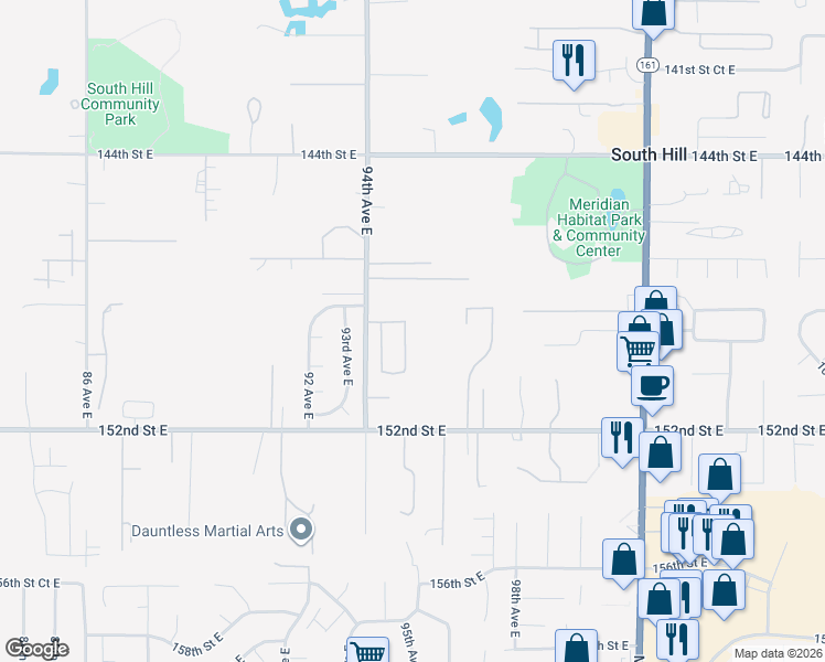 map of restaurants, bars, coffee shops, grocery stores, and more near 14905 95th Avenue East in Puyallup