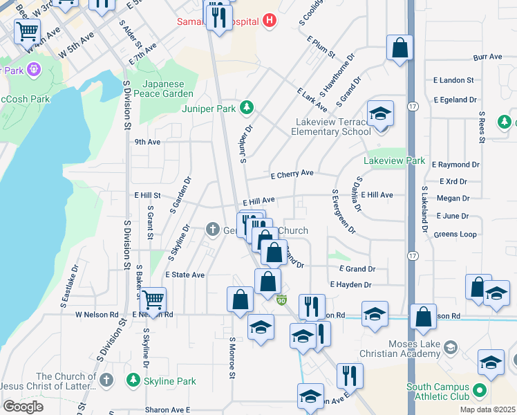 map of restaurants, bars, coffee shops, grocery stores, and more near 811 East Hill Avenue in Moses Lake
