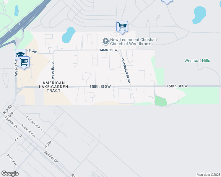 map of restaurants, bars, coffee shops, grocery stores, and more near 6828 150th Street Southwest in Lakewood