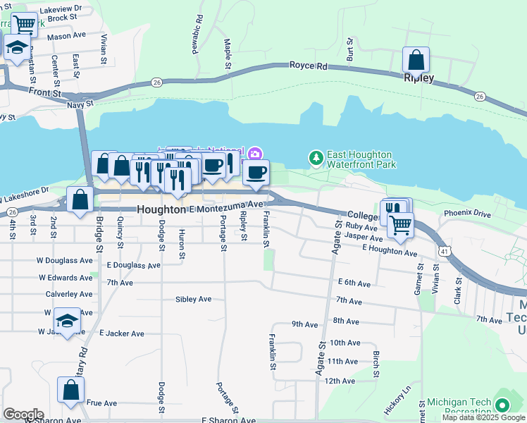 map of restaurants, bars, coffee shops, grocery stores, and more near 200 Franklin Street in Houghton