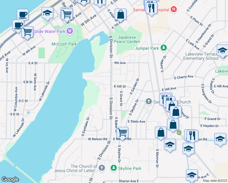 map of restaurants, bars, coffee shops, grocery stores, and more near 1011 South Division Street in Moses Lake
