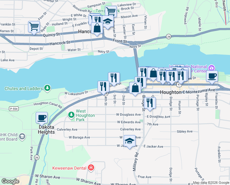 map of restaurants, bars, coffee shops, grocery stores, and more near 303 W Montezuma Ave in Houghton