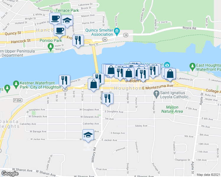 map of restaurants, bars, coffee shops, grocery stores, and more near 204 Quincy Street in Houghton