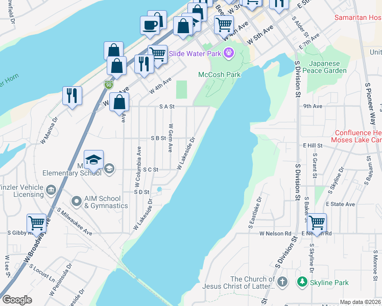 map of restaurants, bars, coffee shops, grocery stores, and more near 1119 West Lakeside Drive in Moses Lake