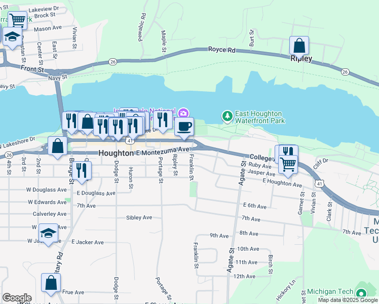 map of restaurants, bars, coffee shops, grocery stores, and more near 200 Franklin Street in Houghton