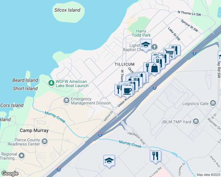 map of restaurants, bars, coffee shops, grocery stores, and more near 15308 Washington Avenue Southwest in Lakewood
