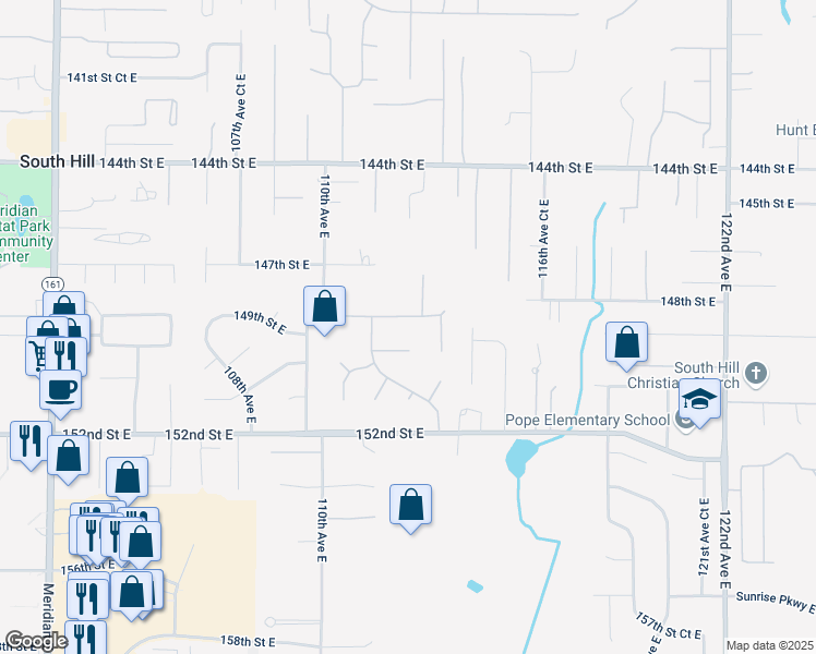 map of restaurants, bars, coffee shops, grocery stores, and more near 11217 149th Street Court East in Puyallup