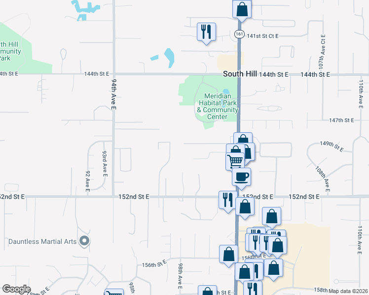 map of restaurants, bars, coffee shops, grocery stores, and more near 9819 148th Street Court East in Puyallup