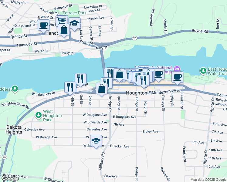 map of restaurants, bars, coffee shops, grocery stores, and more near 204 Quincy Street in Houghton