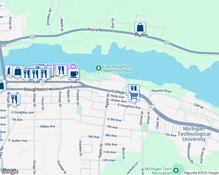 map of restaurants, bars, coffee shops, grocery stores, and more near 1100 College Avenue in Houghton