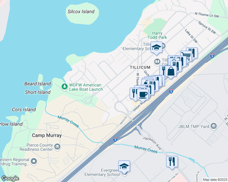 map of restaurants, bars, coffee shops, grocery stores, and more near in Lakewood