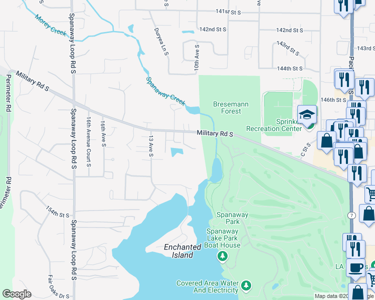 map of restaurants, bars, coffee shops, grocery stores, and more near 14914 10th Avenue Court South in Spanaway