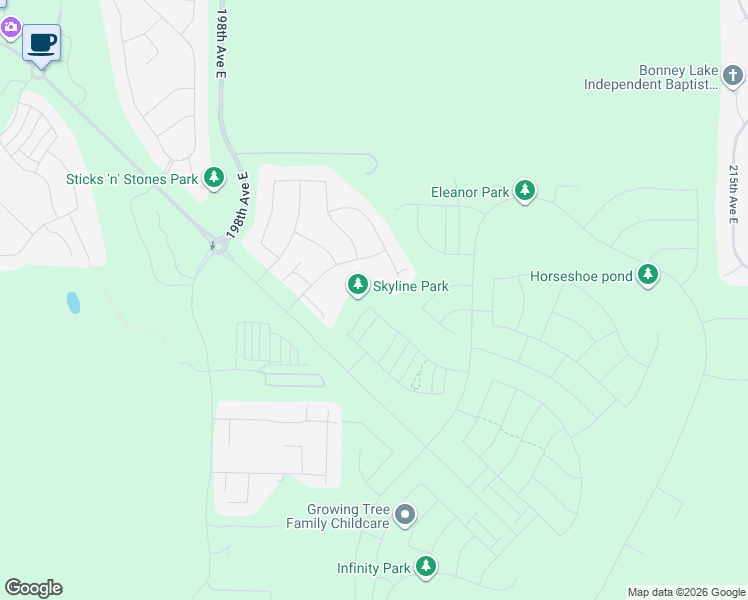 map of restaurants, bars, coffee shops, grocery stores, and more near 20201 148th Street East in Bonney Lake