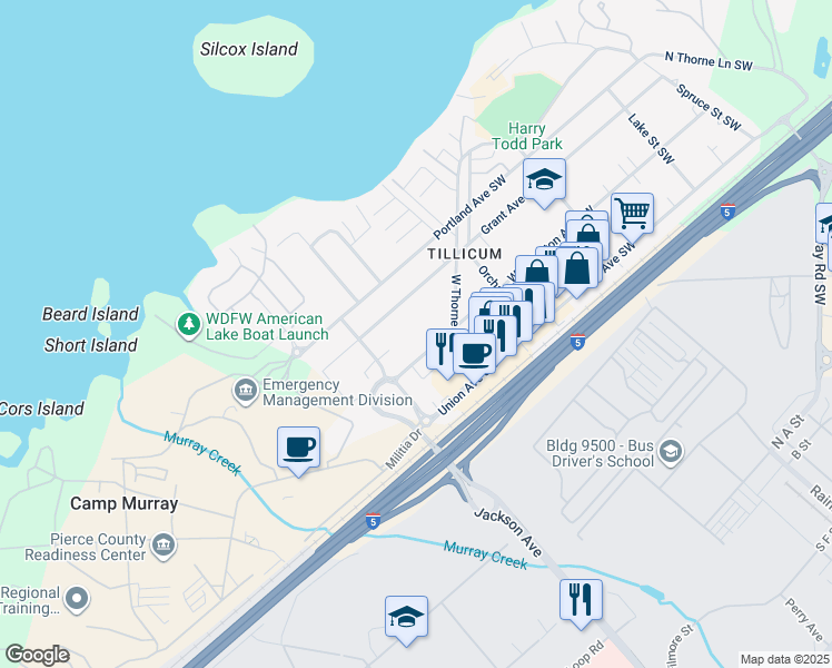 map of restaurants, bars, coffee shops, grocery stores, and more near 15316 Washington Avenue Southwest in Lakewood