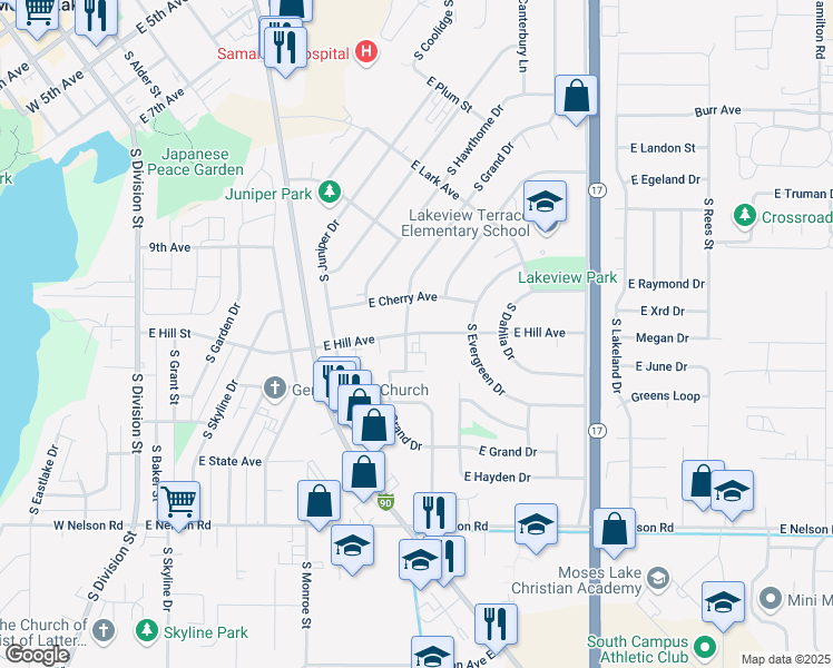 map of restaurants, bars, coffee shops, grocery stores, and more near 915 East Hill Avenue in Moses Lake