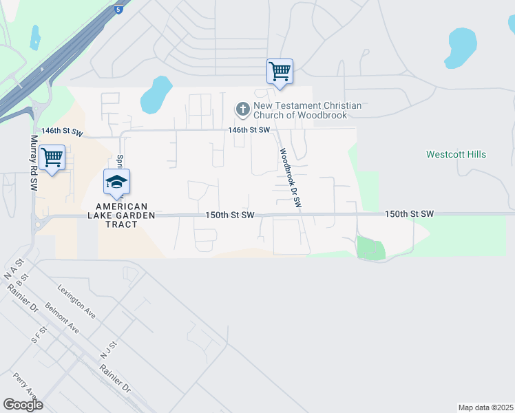 map of restaurants, bars, coffee shops, grocery stores, and more near 6828 150th Street Southwest in Lakewood