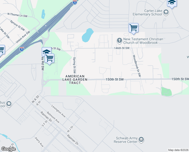 map of restaurants, bars, coffee shops, grocery stores, and more near 7317 150th Street Southwest in Lakewood