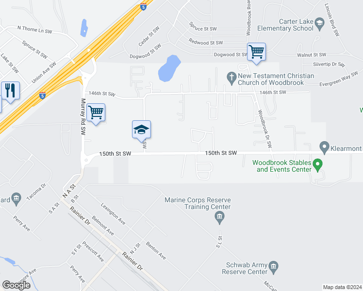 map of restaurants, bars, coffee shops, grocery stores, and more near 7317 150th Street Southwest in Tacoma