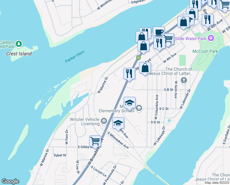 map of restaurants, bars, coffee shops, grocery stores, and more near in Moses Lake
