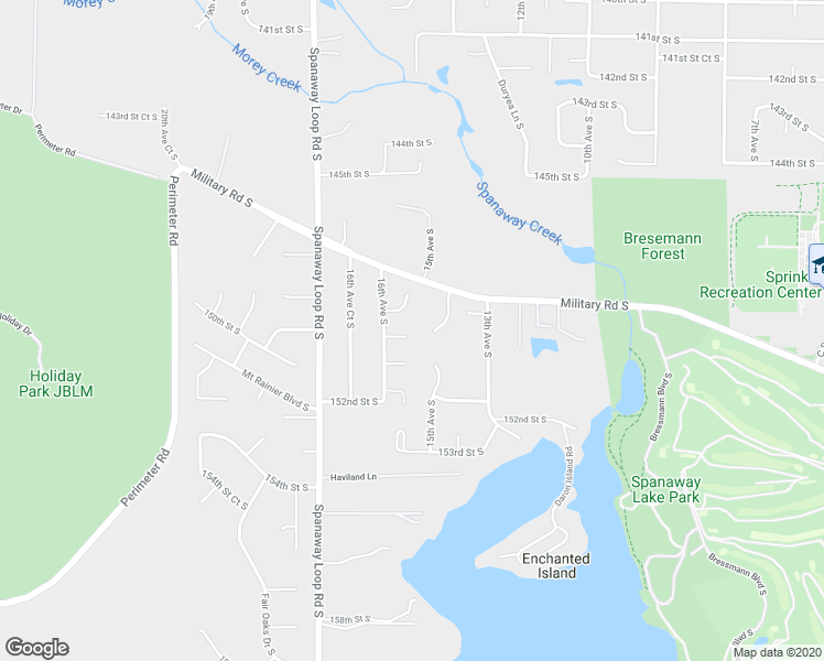 map of restaurants, bars, coffee shops, grocery stores, and more near 1521-1523 150th Street Court South in Spanaway