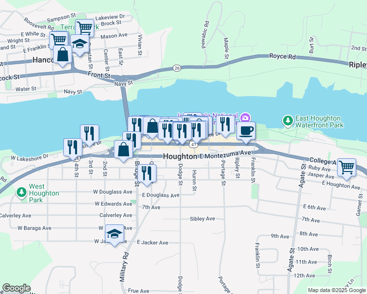 map of restaurants, bars, coffee shops, grocery stores, and more near in Houghton