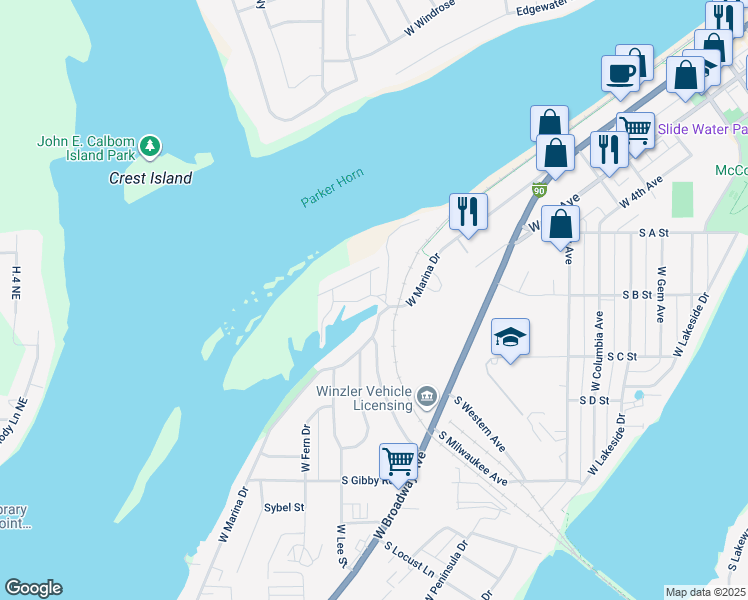 map of restaurants, bars, coffee shops, grocery stores, and more near 1300 West Marina Drive in Moses Lake