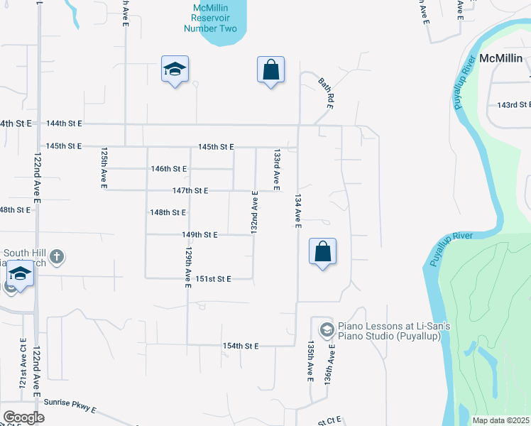 map of restaurants, bars, coffee shops, grocery stores, and more near 14701 132nd Avenue East in Puyallup
