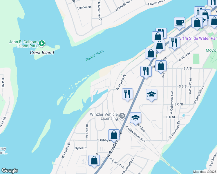 map of restaurants, bars, coffee shops, grocery stores, and more near 1136 West Marina Drive in Moses Lake