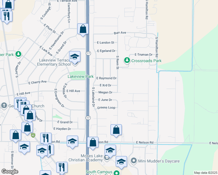 map of restaurants, bars, coffee shops, grocery stores, and more near 1405 East Raymond Drive in Moses Lake