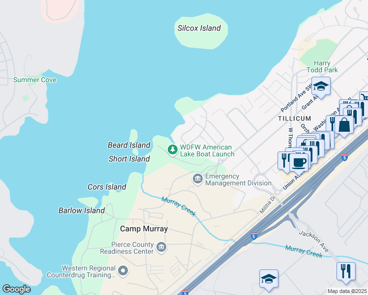 map of restaurants, bars, coffee shops, grocery stores, and more near 9148 Eagle Point Loop Road Southwest in Tacoma