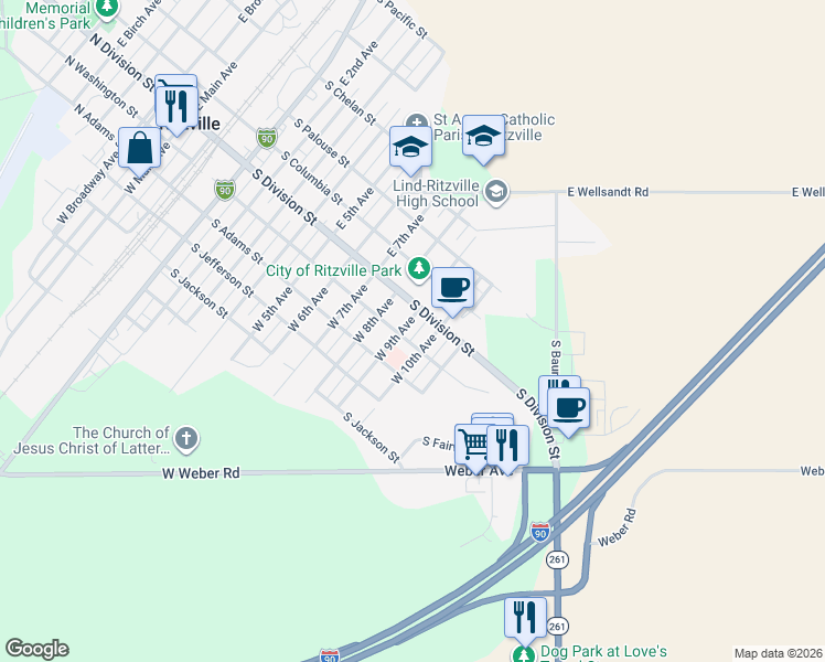 map of restaurants, bars, coffee shops, grocery stores, and more near 800-898 South Division Street in Ritzville