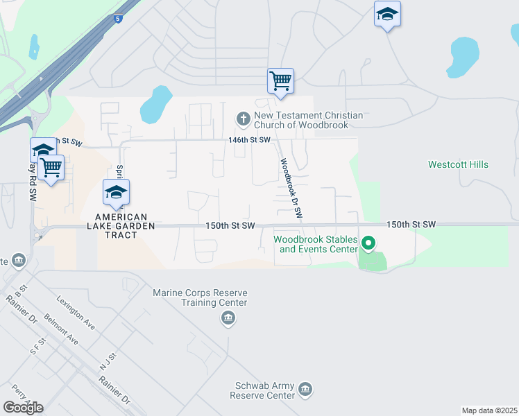 map of restaurants, bars, coffee shops, grocery stores, and more near 6905 150th Street Southwest in Tacoma