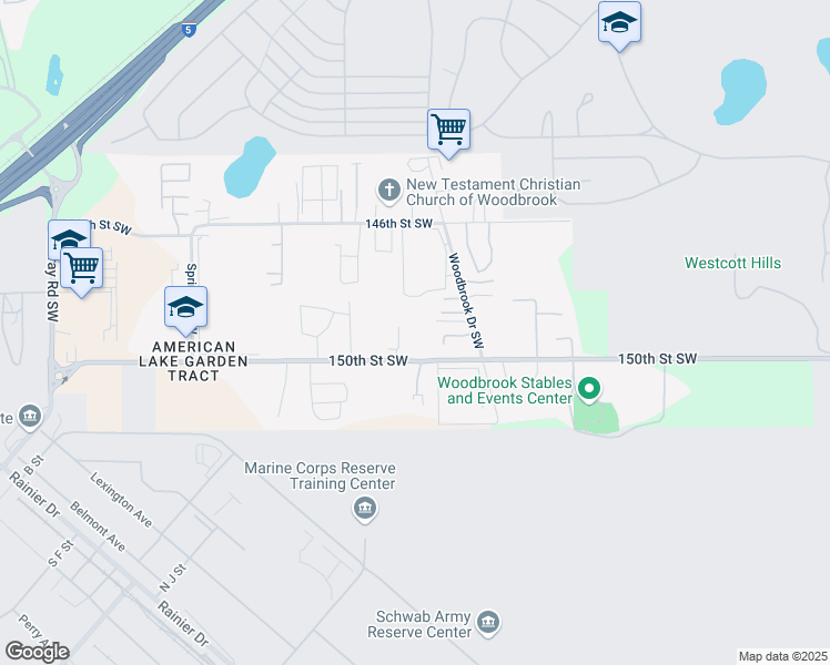 map of restaurants, bars, coffee shops, grocery stores, and more near 6905 150th Street Southwest in Lakewood